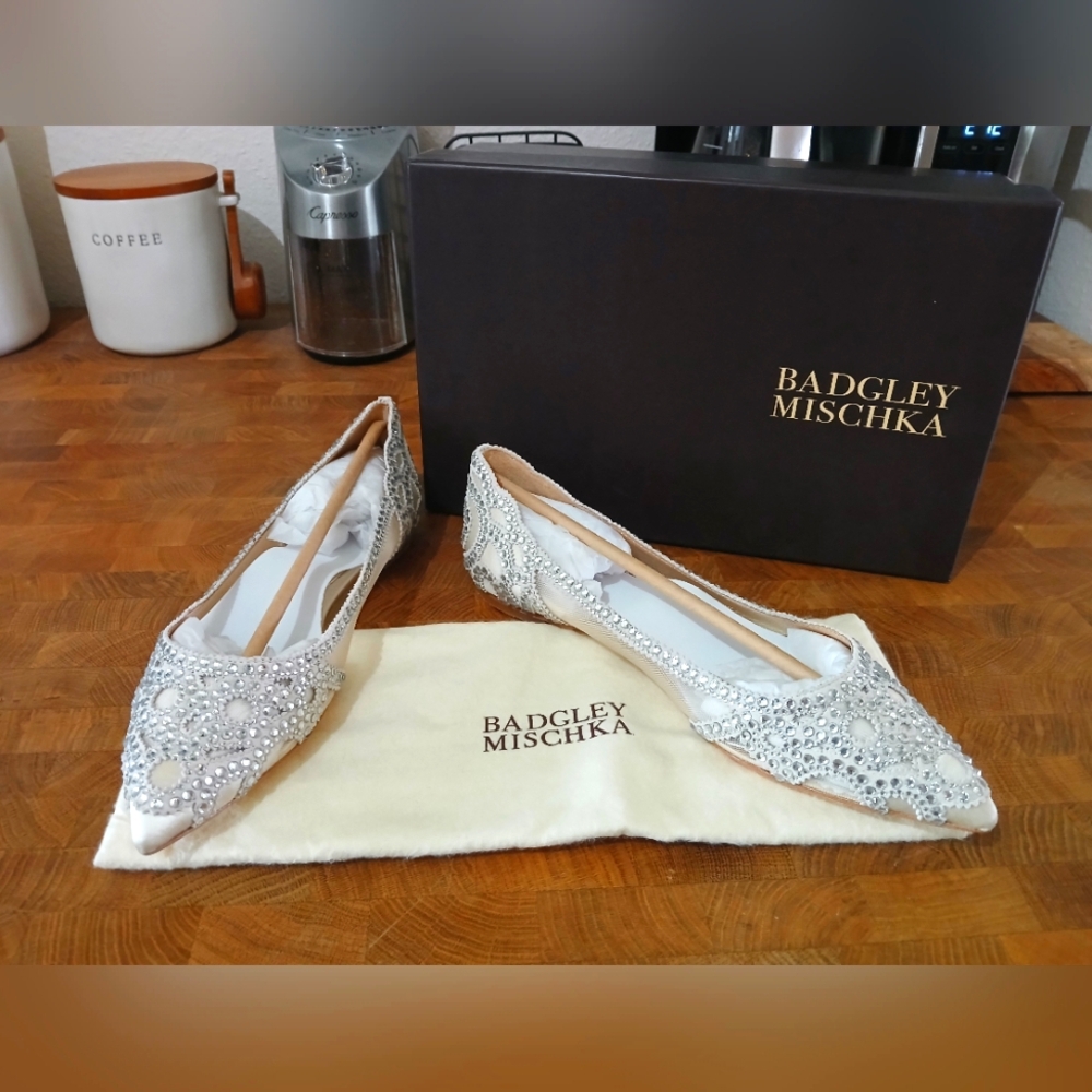 Badgley Mischka Crystal-Pearl Embellished Pointed Flats in Ivory